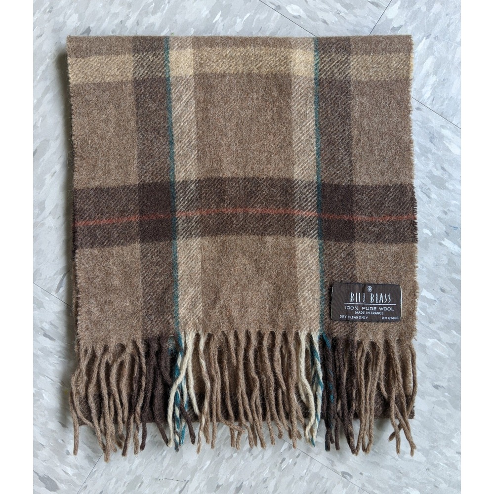 Bill Blass Vintage 80s 100% Pure Wool Scarf Plaid Brown Tan Made in France